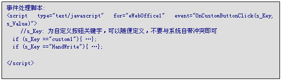 文本框: 事件处理脚本:
<script type="text/javascript" for="eWebOffice1" event="OnCustomButtonClick(s_Key, s_Value)">
	//s_Key: 为自定义按钮关键字，可以随便定义，不要与系统自带冲突即可
  if (s_Key =="custom1"){ …};
  if (s_Key =="HandWrite"){ …};

</script>
